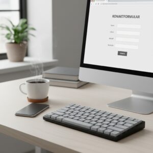 Ein Bildschirm mit einem geöffneten Kontaktformular steht auf einem Schreibtisch neben einer Kaffeetasse, einer Tastatur und einem Smartphone.